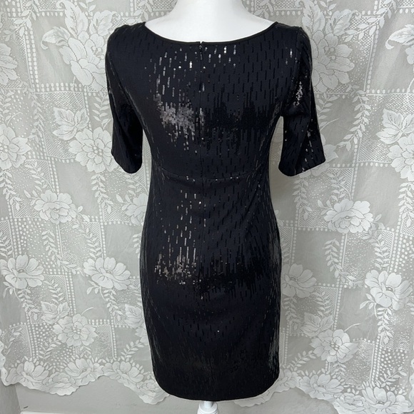Suzi Chin Black Sequin Jersey Pleated Scoop Neck Party Cocktail Dress - Picture 6 of 10